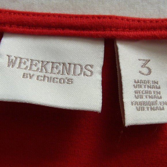 WEEKENDS by CHICO's Red 3/4 Sleeve LACE EYELET Embellished Knit Top TEE Sz 3 - Picture 6 of 6